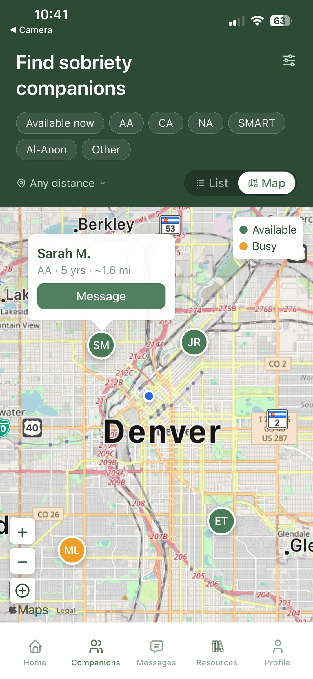 SobrFriends companion map showing nearby peer supporters