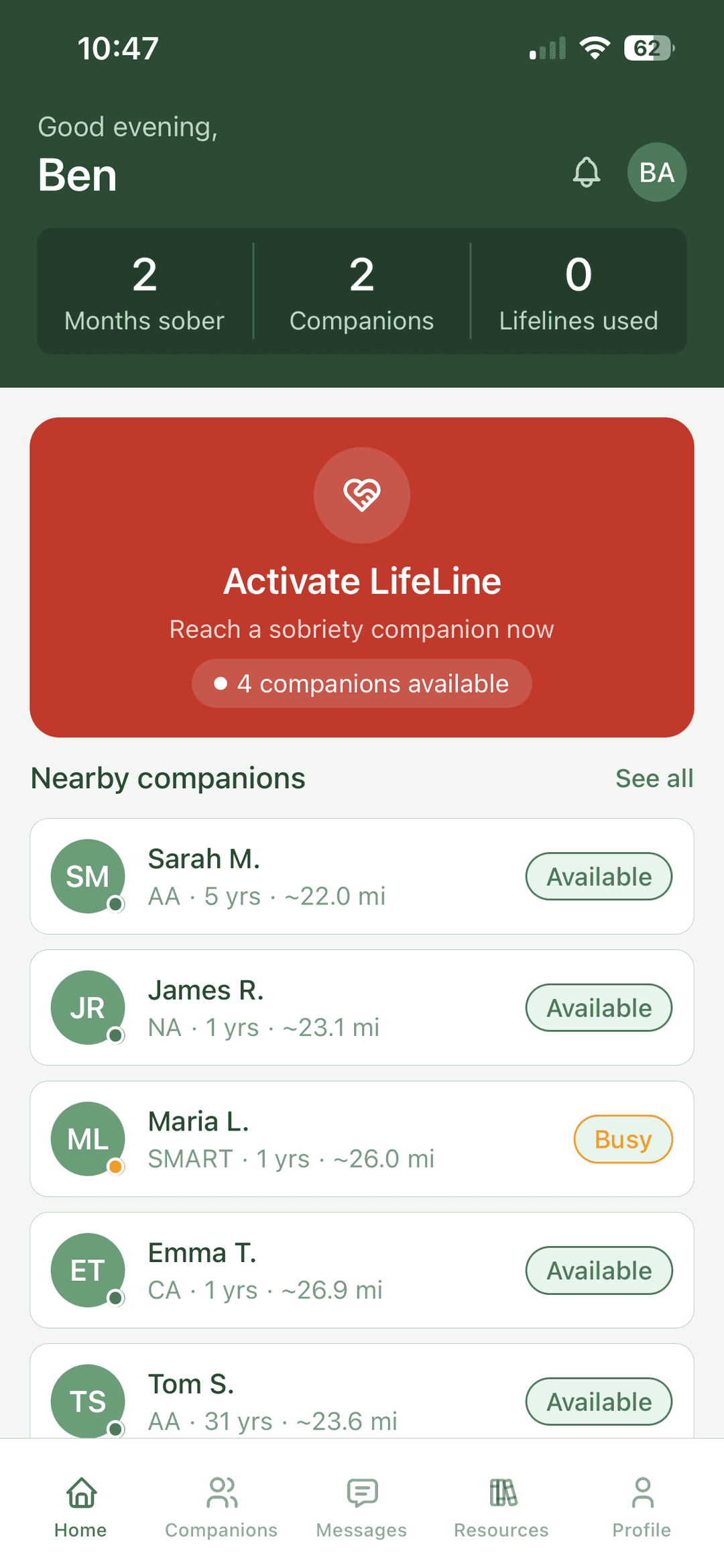 SobrFriends home screen showing LifeLine and nearby companions
